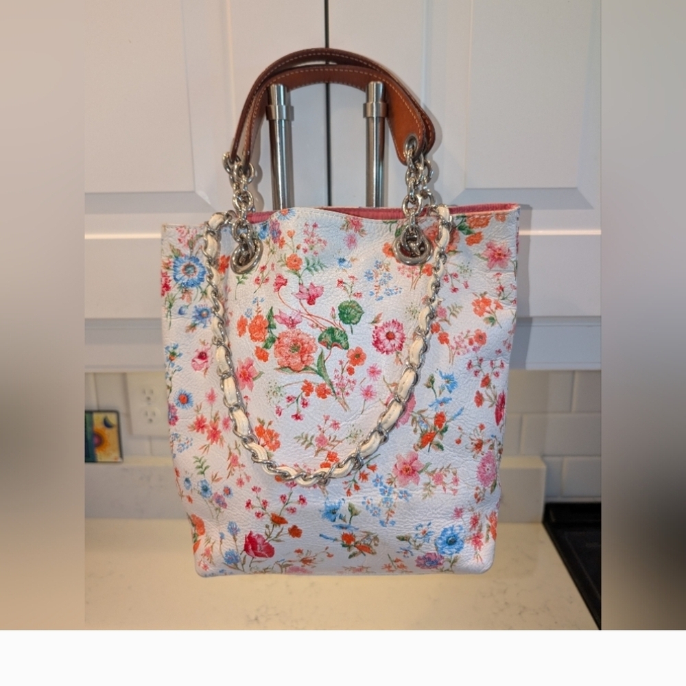 Maurizio Taiuti Italian Leather Floral Chain Tote Bag Made in Italy